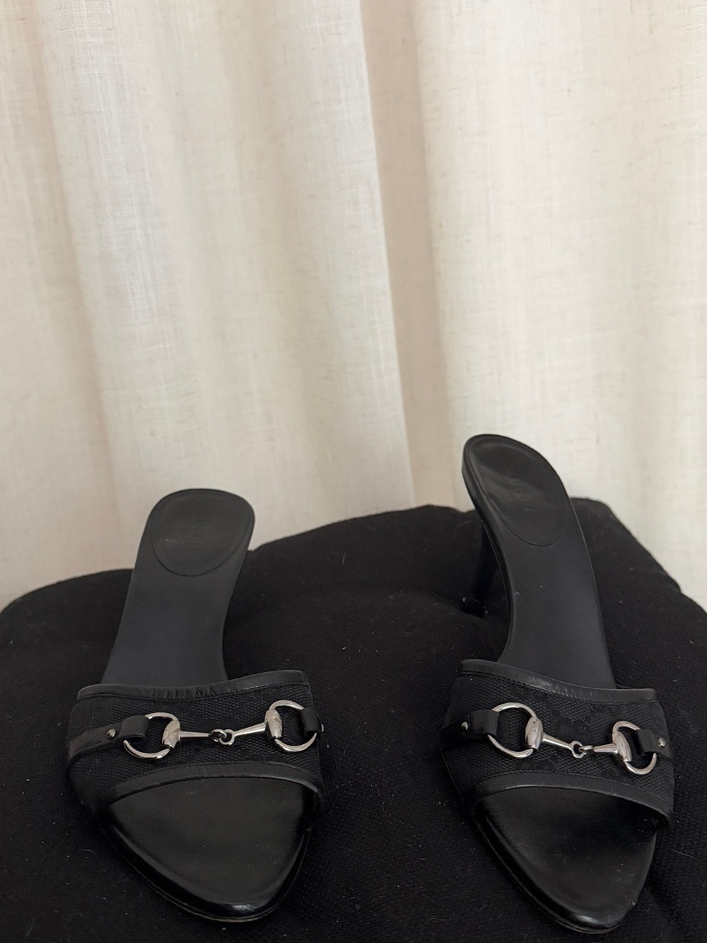 Gucci Black Leather Slide Heels Silver Horsebit 35.5 C